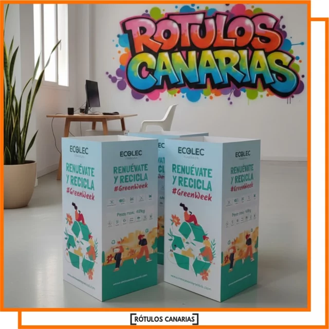 📦🌱 En Rótulos Canarias también apostamos por la sostenibilidad.
Estas papeleras de cartón personalizadas para la Fundación ECOLEC forman parte de la campaña #GreenWeek, que promueve el reciclaje y la renovación responsable de aparatos eléctricos.

Diseñadas e impresas con materiales 100% reciclables, son una forma práctica y ecológica de dar visibilidad a una iniciativa que cuida el medio ambiente 🌍♻️

💚 Si tu empresa también quiere comunicar valores sostenibles a través de sus diseños, te ayudamos a hacerlo realidad.

📩 Contáctanos y crea piezas que hablen bien de tu marca.
#RótulosCanarias #DiseñoSostenible #ImpresiónEcológica #RotulaciónTenerife #GreenWeek #Ecolec #Recicla #DiseñoResponsable #PublicidadVerde #CartónReciclable #CanariasSostenible #DiseñoCanario #VisibilidadDeMarca #DiseñoGráfico #TrabajosReales #HechoEnCanarias #Rotulación #EmpresasCanarias #CuidarElPlaneta #Rótulos
